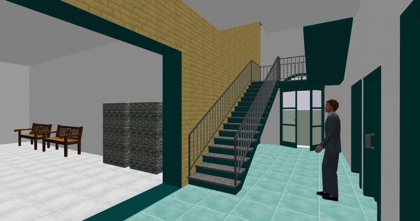 Blick vom Treppenhaus im Erdgeschoss auf den Haupteingang im Süden mit WCs rechts und Wartebereich links