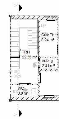 OG Aufgang zwischen Hauptgebäude und Nabu mit Treppe, Aufzug, Sanitär