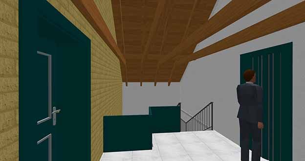 Treppenhaus im Obergeschoss mit Eingang zum Café links und WCs rechts