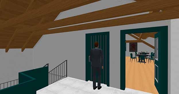 Treppenhaus im Obergeschoss mit Eingang zum Café rechts und Aufzug links daneben