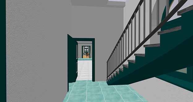 Blick vom Eingangsbereich im Erdgeschoss nach Osten in den Café-Bereich mit Aufzug rechts